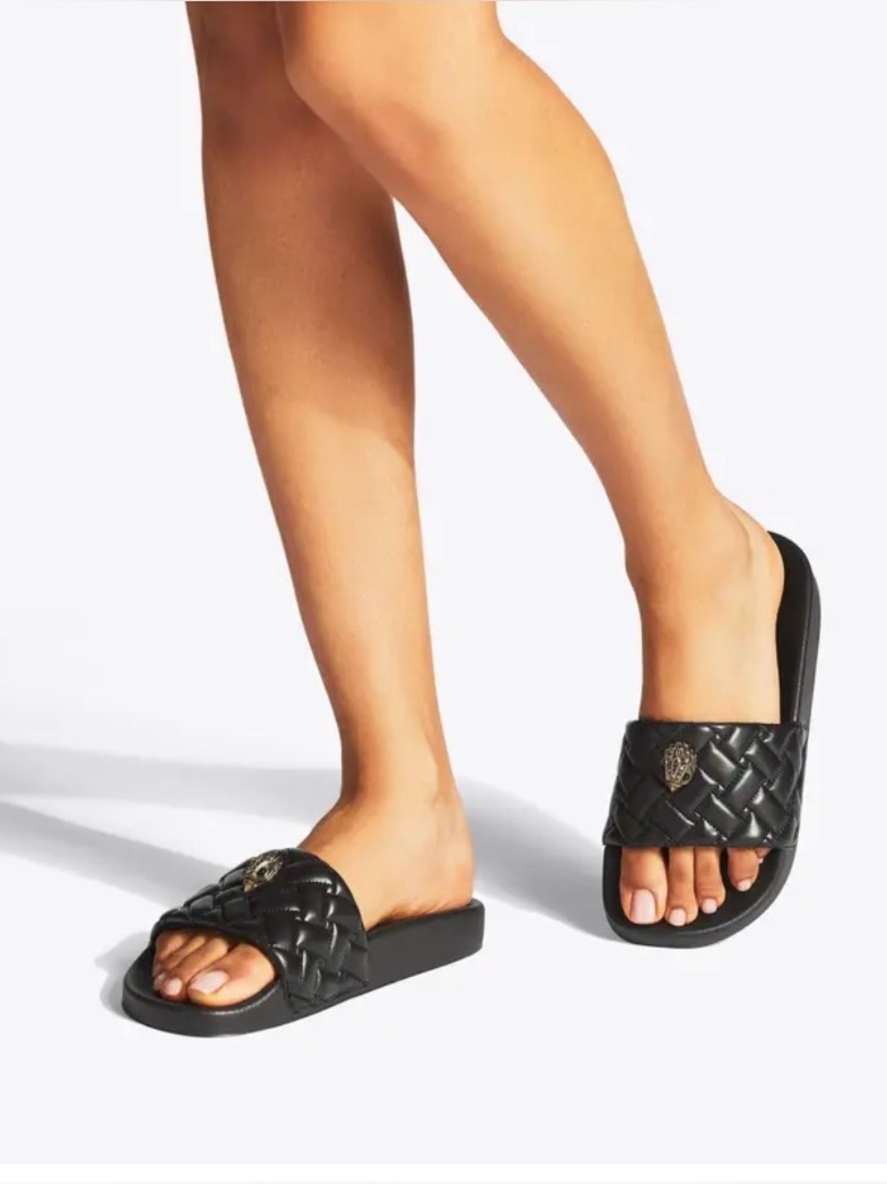 Kurt Geiger Black Quilted Slide Sandals with Gold Shell Emblem